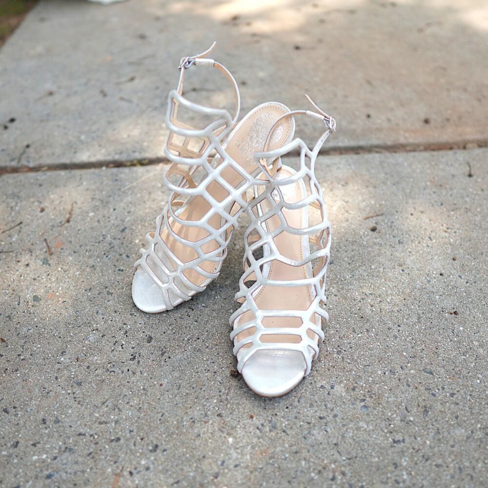 Vince Camuto Silver Cage Stiletto Heel Sandals Women's 8.5M NWOT Leather